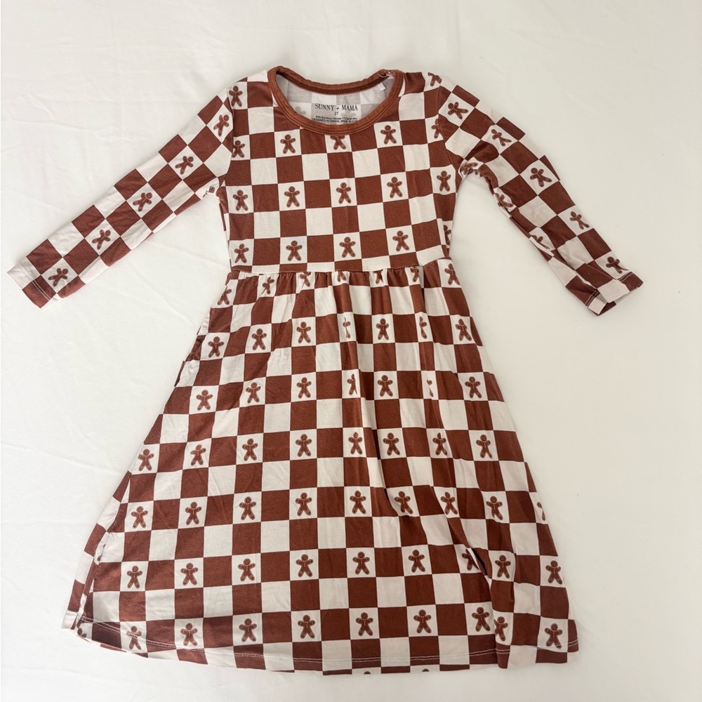 Sunny + Mama Bamboo holiday toddler twirl dress gingerbread checkerboard 2T